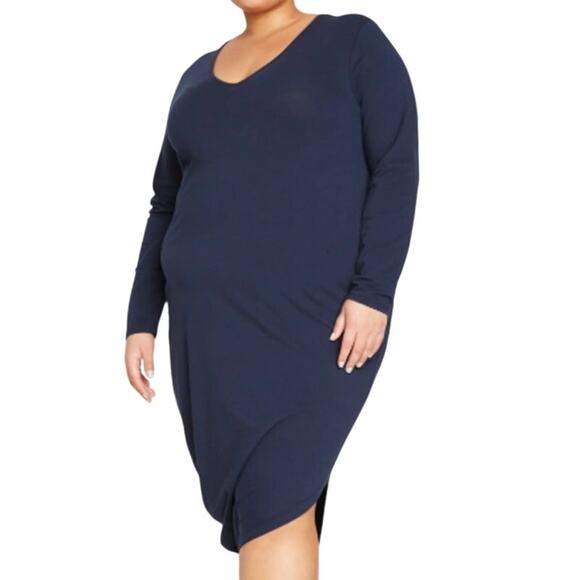 Universal Standard 16 Iconic Long Sleeve V Neck Geneva Dress Navy Asymmetrical - Picture 1 of 10